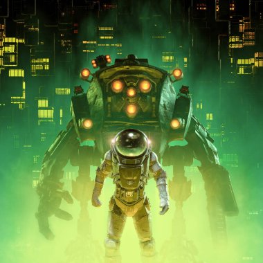 Heavy metal devriyesi / 3d fütüristik şehirde astronot ve dev mekanik robotu gösteren retro pulp bilim kurgu sahnesinin çizimi