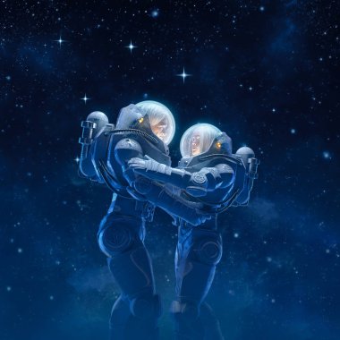 Uzayda kucaklaşan erkek ve kadın astronot çiftin derin uzay romantizmi / 3D çizimi