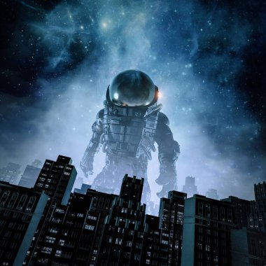 Karanlık uzay habercisi / 3d illüstrasyon retro bilim kurgu sahnesi Şehrin üzerinde yükselen gizemli astronotla