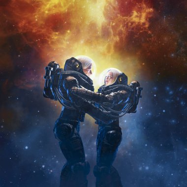 Yıldızlarda / 3d dış uzayda kucaklaşan erkek ve kadın astronot çiftin çizimi