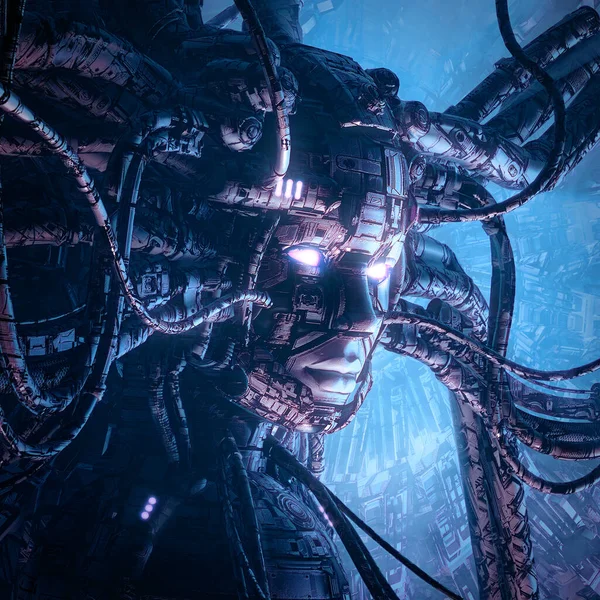 Kraliçe bilgisayar çekirdeğinden büyüyen robot bilim kurgu kadın yapay zekasının üç boyutlu bir çizimini yapıyor.