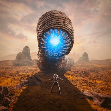 Kum / 3D bilim kurgu sahnesinin Gardiyanı astronotun çöl gezegeninde dev bir uzaylı solucan canavarla karşılaştığını gösteriyor.