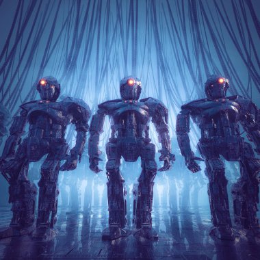 Robot montaj hattı / 3D bilim kurgu sahnesinin fabrika zemininde zırhlı askeri robotları gösteren çizimi