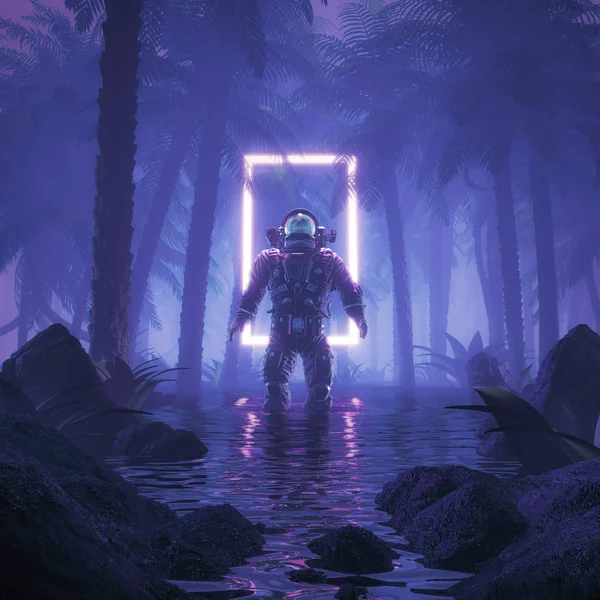 Psikedelik Orman Astronotu Bilim Kurgu Sahnesinin Canlandırması Neon Işıklı Bataklık — Stok fotoğraf