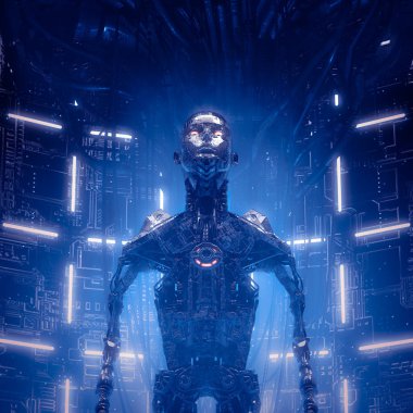 Bilgisayar çekirdeğinin içindeki robot metalik genç bayan bilim kurgu yapay zekasının 3D / 3D çiziminin çocuğu