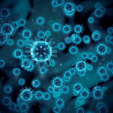 Coronavirus hücreleri kavramı / 2019 Novel Coronavirüsünün 3d çizimi virüs hücre zarından yansıyan kulüp şeklindeki artışları gösteriyor