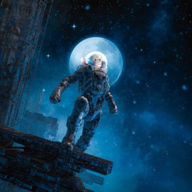 Uzay istasyonu platformundan yıldızlara bakan kahraman astronotlarla bilim kurgu sahnesinin maceraya / 3D illüstrasyonuna hazırız.