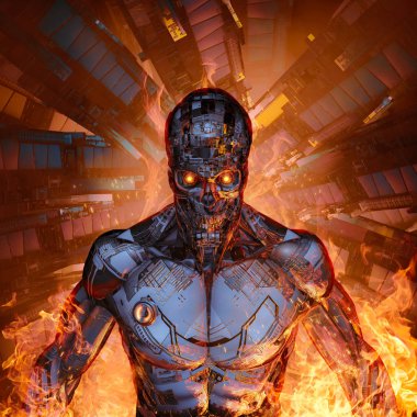 Fury of the machine / 3D illustration of scary futuristic science fiction skull faced humanoid cyborg emerging from burning space ship