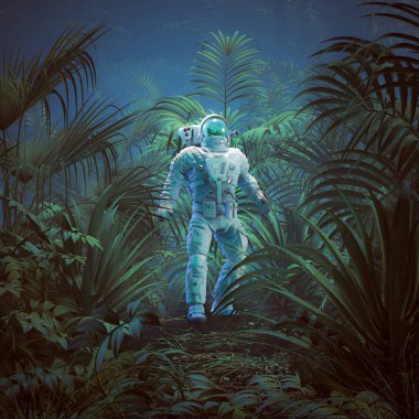 Back to nature / 3D illustration of science fiction scene showing astronaut exploring lush tropical alien jungle