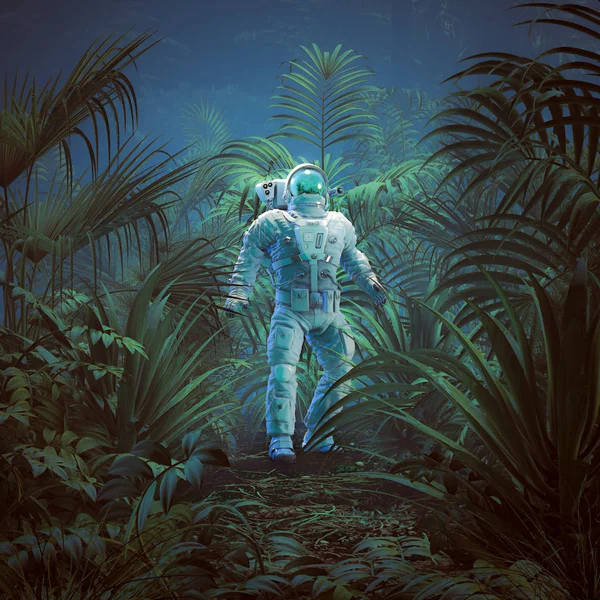 Back Nature Illustration Science Fiction Scene Showing Astronaut Exploring Lush — ストック写真