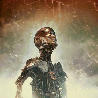 Retro stili robotik metalik genç bayan bilim kurgu yapay zeka androidinin pozitronik kız / 3D çizimi
