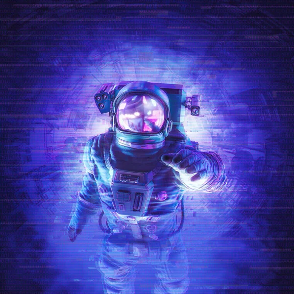 Błąd Transmisji Sygnału Ilustracja Sceny Science Fiction Astronautą Wysyłając Wiadomość — Zdjęcie stockowe