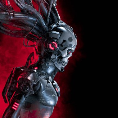 Reaper in the mist / 3D illustration of science fiction cyberpunk skull faced robot silhouetted by glowing red smoke
