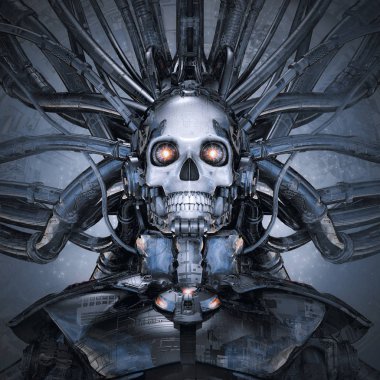 Terminal data stream / 3D illustration of science fiction cyberpunk skull faced robot connected to computer core