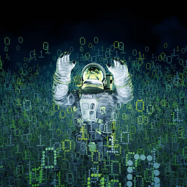 Explorando Nuvem Dados Ilustração Astronauta Cercado Por Dados Binários Brilhantes — Fotografia de Stock