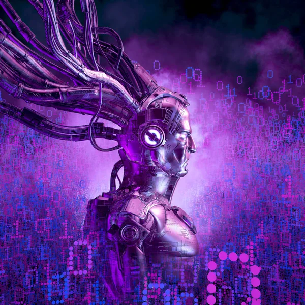 Master of the data cloud / 3D illustration of science fiction futuristic male android surrounded by glowing binary code