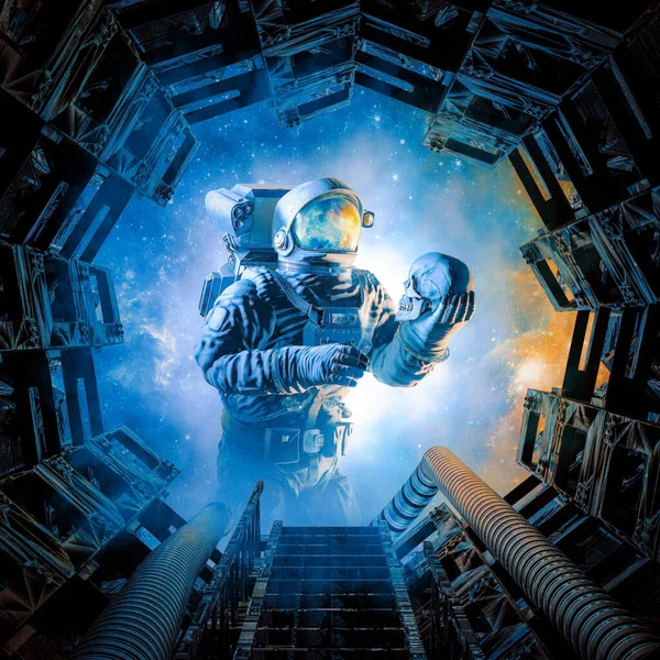 搜寻生存者 科幻小说场景3D图解 宇航员在失事的空间站上发现人头 — 图库照片