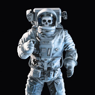 Zombi suratlı astronotun siyah arka planda işaret parmağıyla işaret ettiği, çarpıcı bir şekilde aydınlatılmış kafatasının 3D çizimi.