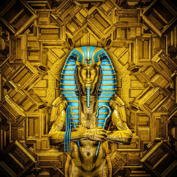 金色未来主义埃及法老的神圣国王 三维图 在金殿中被象形文字符号所覆盖 — 图库照片