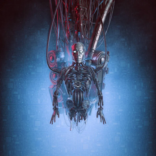 Robot Reparation Illustration Futuristiska Metallic Science Fiction Manlig Humanoid Cyborg — Stockfoto