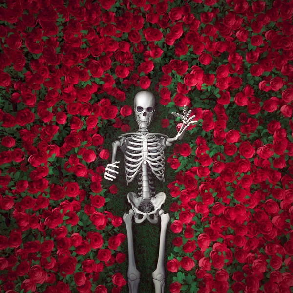 Red roses and death / 3D illustration of surreal scene with skeleton reaching out from field of bright flowers