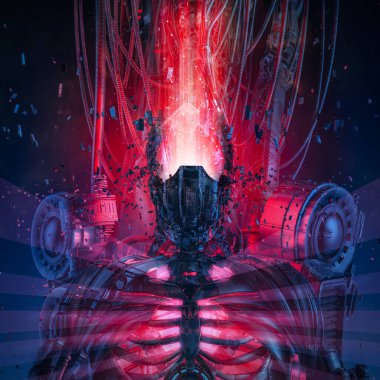 Aşırı sistem aşırı yüklenmesi / gelecekçi metalik bilim kurgu cyborgunun parçalanmasının 3D çizimi