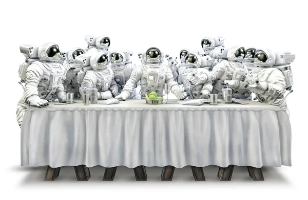 Последний Ужин Космосе Иллюстрация Забавной Сюрреалистической Научно Фантастической Сцены Астронавтами — стоковое фото