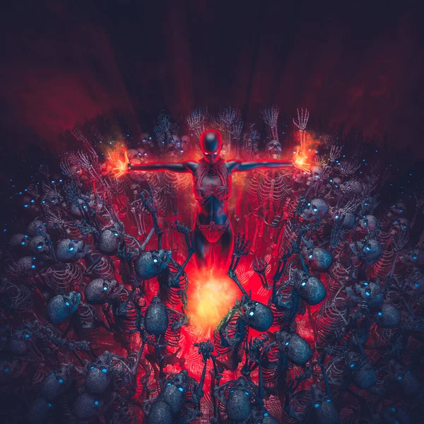 Witch and horde / 3D illustration of evil sorceress using fire magic to raise undead skeleton zombie army — Stock Image Witch Horde Illustration Evil Sorceress Using Fire Magic Raise Undead Stock Image