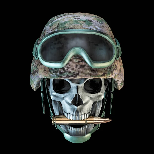 Bite the bullet army skull / 3D illustration of grungy military soldier skull wearing helmet and goggles biting rifle bullet