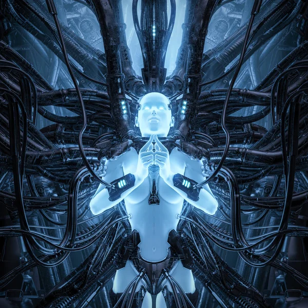 Dotter Till Ljus Illustration Science Fiction Glödande Meditera Kvinnlig Android — Stockfoto