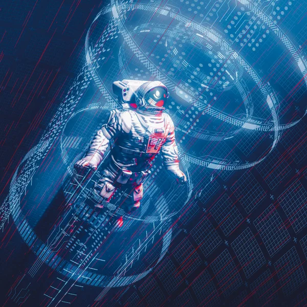 星门条目 科幻宇航员通过发光的虚拟现实代码旅行的3D插图 — 图库照片