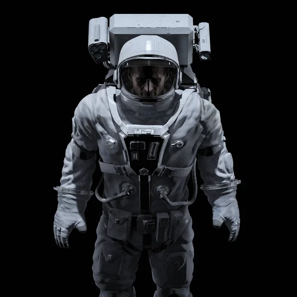 黑暗宇航员肖像 男性科幻小说三维图 背景为黑色 光线暗淡的宇航员 — 图库照片