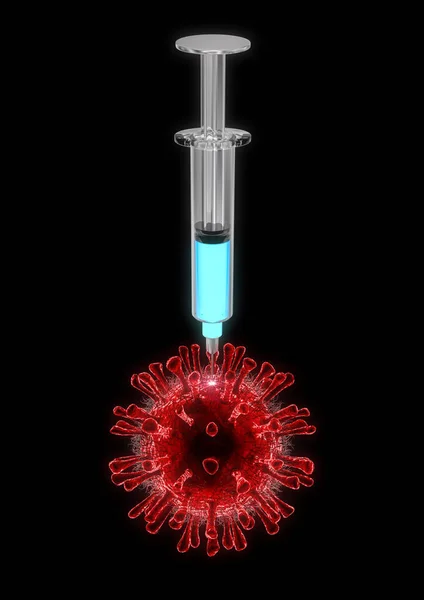 Covid 백신의 삽화에 주사기에 코로나 바이러스 세포를 주입하는 배경에 — 스톡 사진