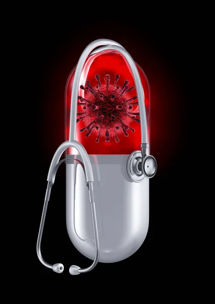 Covid 19聴診器治療薬のコンセプト 3Dイラスト医療用カプセル内のコロナウイルス細胞のハンギング聴診器 — ストック写真