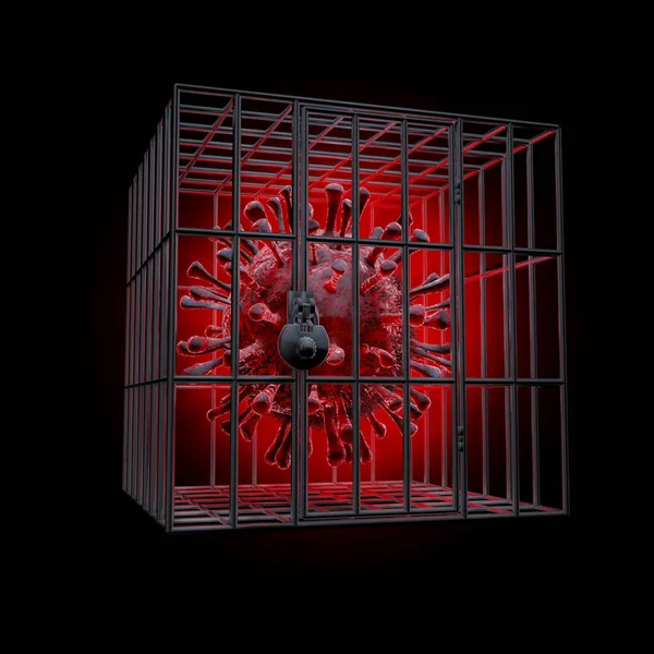 Концепция Карантина Covid Иллюстрация Красной Коронавирусной Клетки Запертой Металлической Клетке — стоковое фото