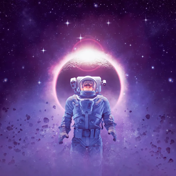 Dobrodružství Hlubokém Vesmíru Ilustrace Science Fiction Scény Hrdinského Astronauta Osvětlené — Stock fotografie
