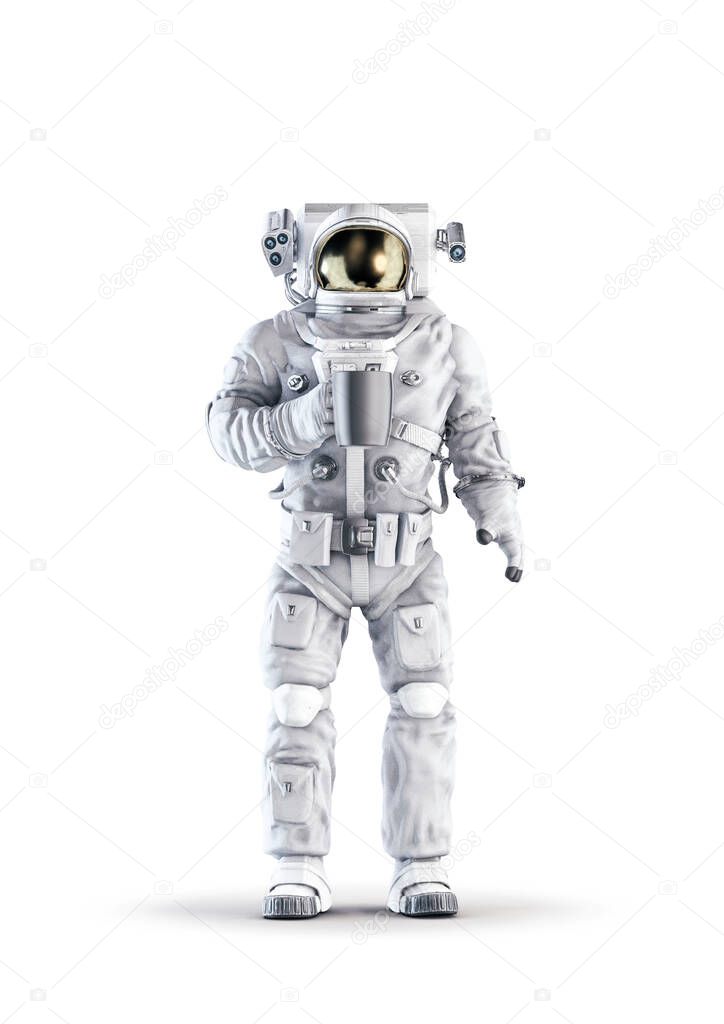 Astronaut with coffee / 3D illustration of space suit wearing male figure holding cup of coffee isolated on white studio background