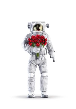 Beyaz stüdyo arka planında izole edilmiş kırmızı gül buketi tutan erkek figürlü gül / 3 boyutlu uzay elbisesi çizimi olan astronot.