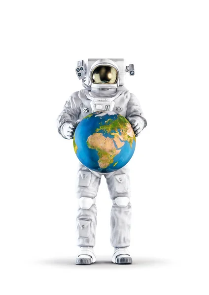 Астронавт Изображением Земли Костюма Мужском Обличье Держащего Планету Земля Белом — стоковое фото