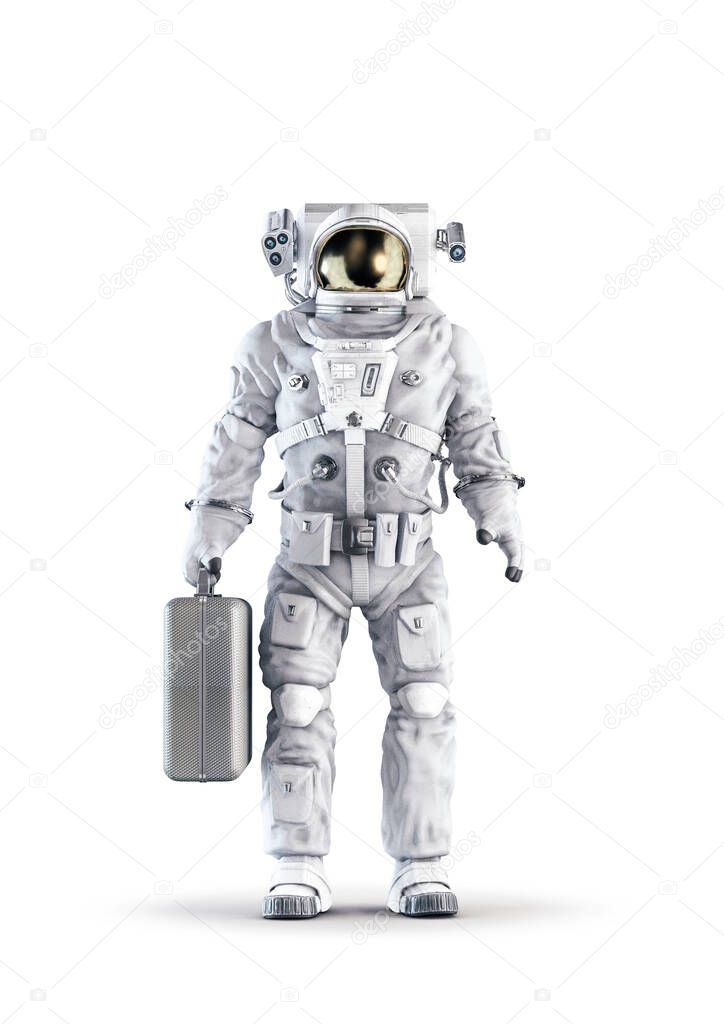 Astronaut with suitcase / 3D illustration of space suit wearing male figure holding large briefcase isolated on white studio background