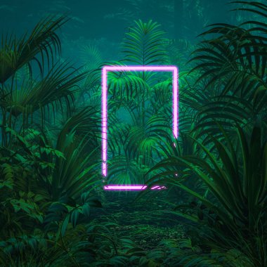 Neon tropikal portal / 3D görüntü sürreal parlayan dikdörtgen portal yemyeşil ormanda yüzüyor
