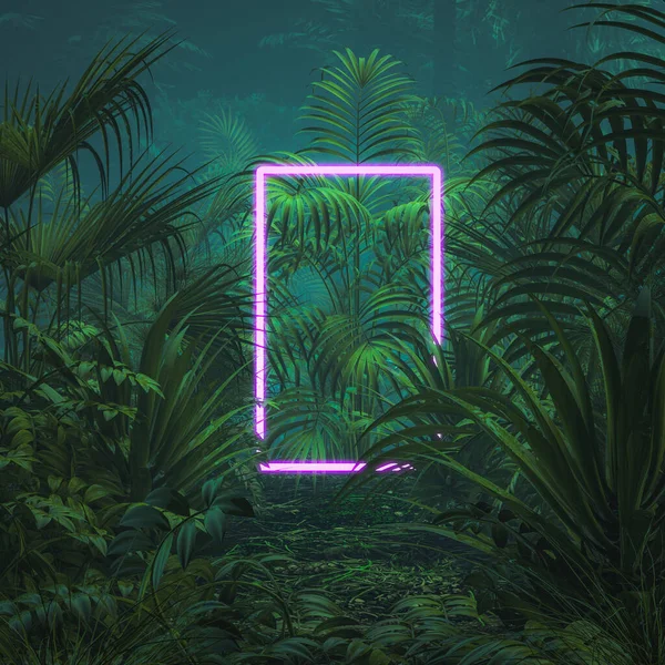 Neon Tropical Portal Illustration Surreal Gating Necnical Portal Floating Uncrey — 스톡 사진