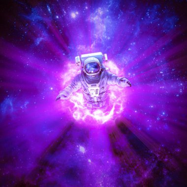 Galaktik solucan deliği keşfi / 3D bilim kurgu sahnesinin dış uzayda parlayan enerji portalından geçen astronotla çizimi