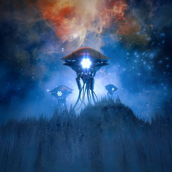 Загарбники Вночі Ілюстрація Ретро Наукової Фантастики Сцени Гігантськими Інопланетними Машинами — стокове фото