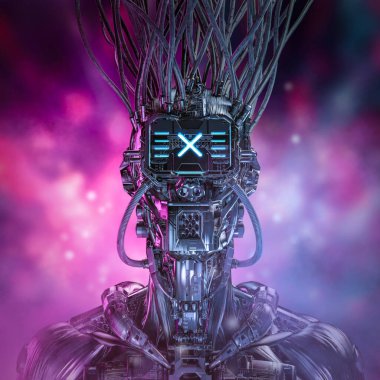 Siberpunk oyuncu portresi / 3D illüstrasyon bilim kurgu fütürist robot karakter parlayan bokeh arkaplan