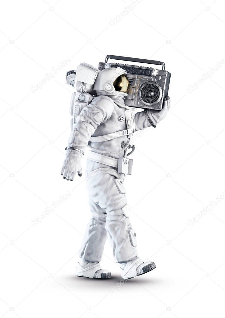 Astronaut with boombox / 3D illustration of space suit wearing male figure carrying retro 80s stereo cassette player isolated on white studio background