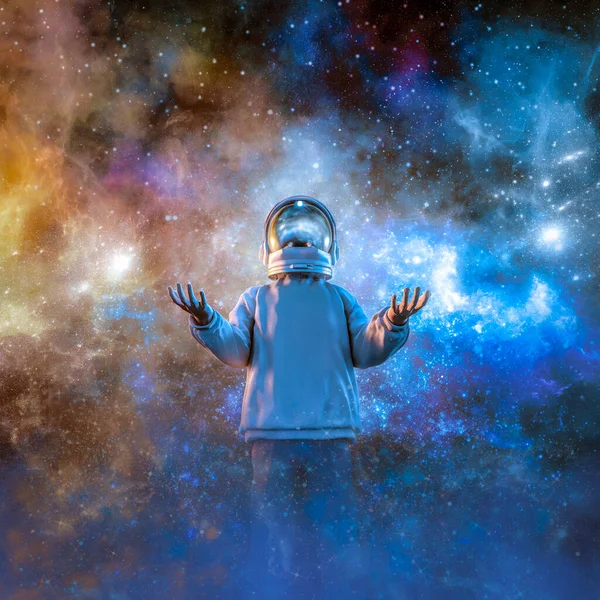 青少年男孩戴着宇航员头盔幻想太空旅行的梦想银河 3D图解 — 图库照片