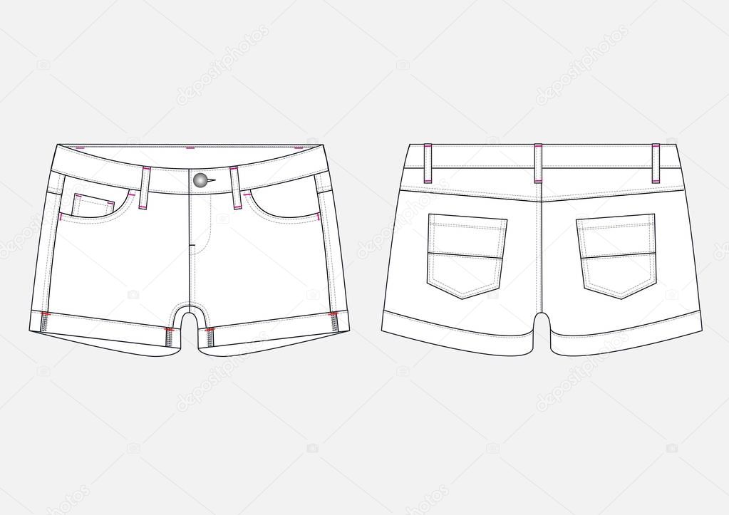 Fashion technical sketch of woman Denim Shorts in vector.