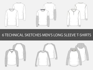 6 moda teknik çizimler erkek uzun kol t-shirt vektör.