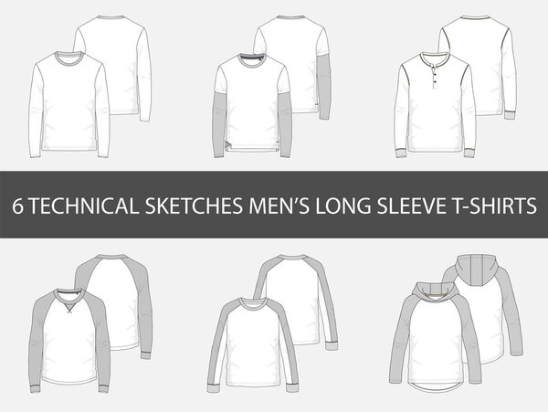 6 Fashion technical sketches of men's Long Sleeve T-Shirts in vector.